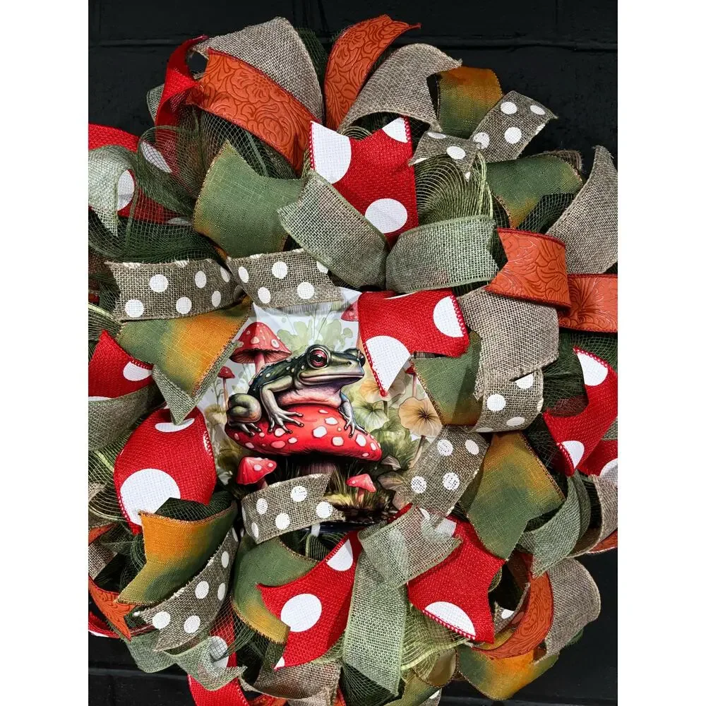 Mushroom Frog Wreath For Front Door Handmade 22 inch Deco Mesh